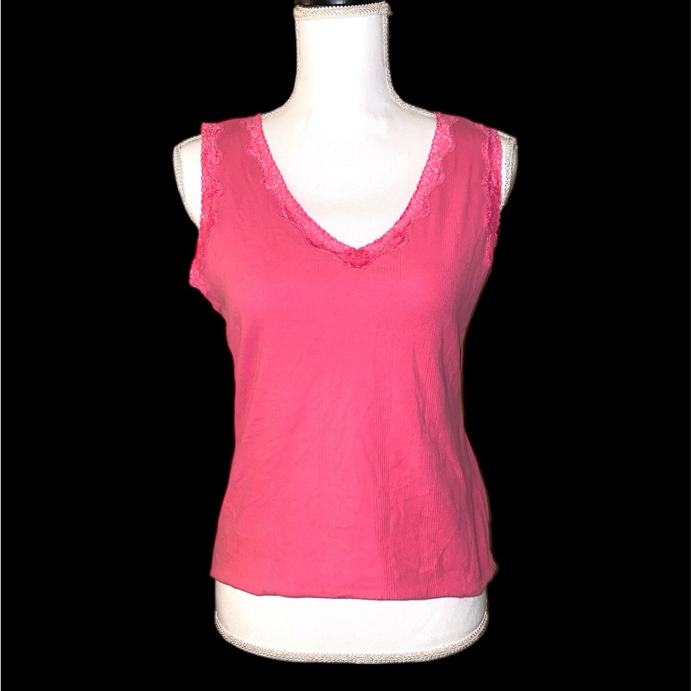 Sigrid Olsen Y2K Tank Top Cami Womens Medium Lace Ribbed Pink Fairycore